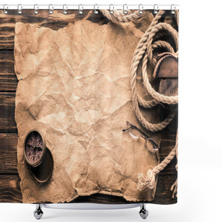 Personality  Top View Of Blank Crumpled Paper With Compass And Rope On Rustic Wooden Surface Shower Curtains