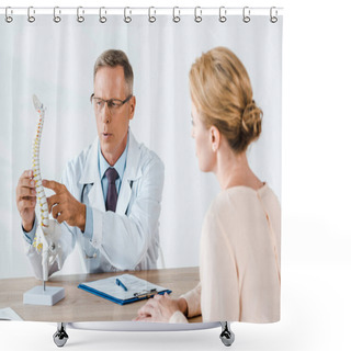 Personality  Selective Focus Of Doctor In Glasses Touching Spine Model Near Woman  Shower Curtains