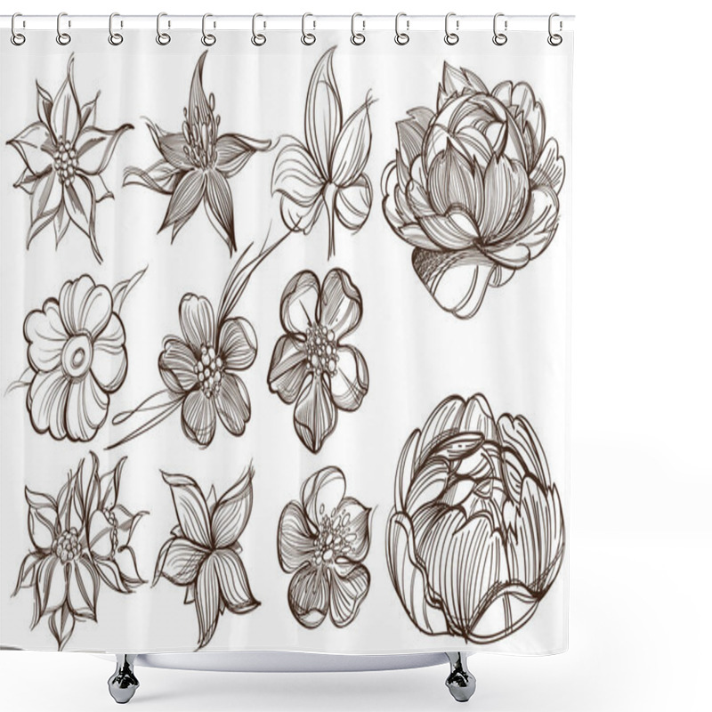 Personality   Set Of Illustrations With Buds Shower Curtains