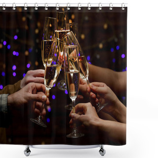 Personality  Clinking Glasses Of Champagne In Hands On Bright Lights Background Shower Curtains