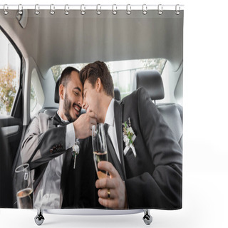 Personality  Carefree Homosexual Groom Touching Face Of Young Boyfriend In Braces And Elegant Suit With Boutonniere And Holding Champagne While Sitting On Backseat Of Car Shower Curtains