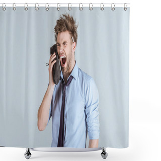 Personality  Overworking Businessman With Messy Hair Yelling In Shoe As Phone Isolated On Grey  Shower Curtains