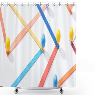 Personality  Panoramic Shot Of Multicolored Abstract Connected Lines With Pins, Connection And Communication Concept Shower Curtains