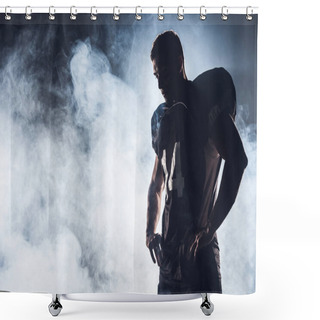 Personality  Dark Silhouette Of Thoughtful American Football Player Looking Down Against White Smoke Shower Curtains