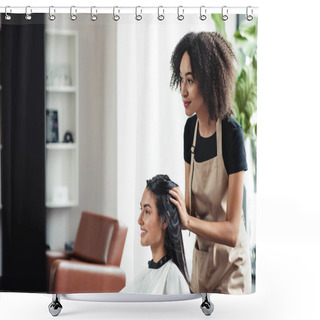 Personality  Young Brunette Enjoying Beauty Procedures At Hairdresser Salon Shower Curtains