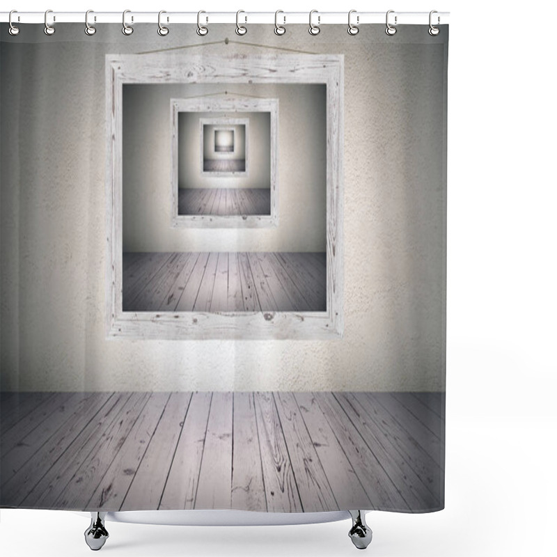 Personality  Surrealistic Optical Illusion With Wooden Picture Frame On Concrete Wall In Room With Wooden Floor. 3d Rendering Shower Curtains