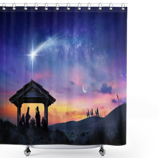Personality  Nativity Of Jesus Scene With The Holy Family With Comet At Sunrise Shower Curtains