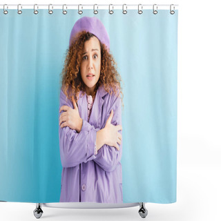 Personality  Curly Woman In Beret Freezing And Embracing Herself On Blue Background  Shower Curtains