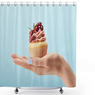 Personality  Partial View Of Woman Holding Cupcake With Cream Isolated On Blue Shower Curtains