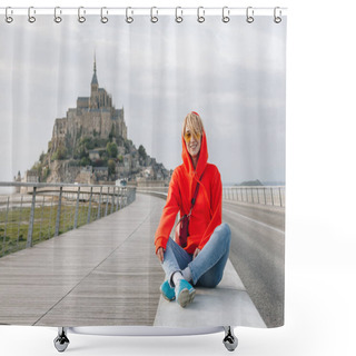 Personality  Happy Young Woman Smiling At Camera While Sitting Near Mont Saint Michel, France  Shower Curtains