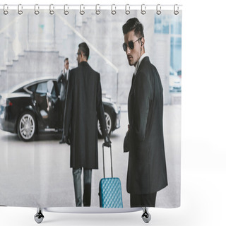 Personality  Businessman Going With Blue Wheeled Bag To Car  Shower Curtains