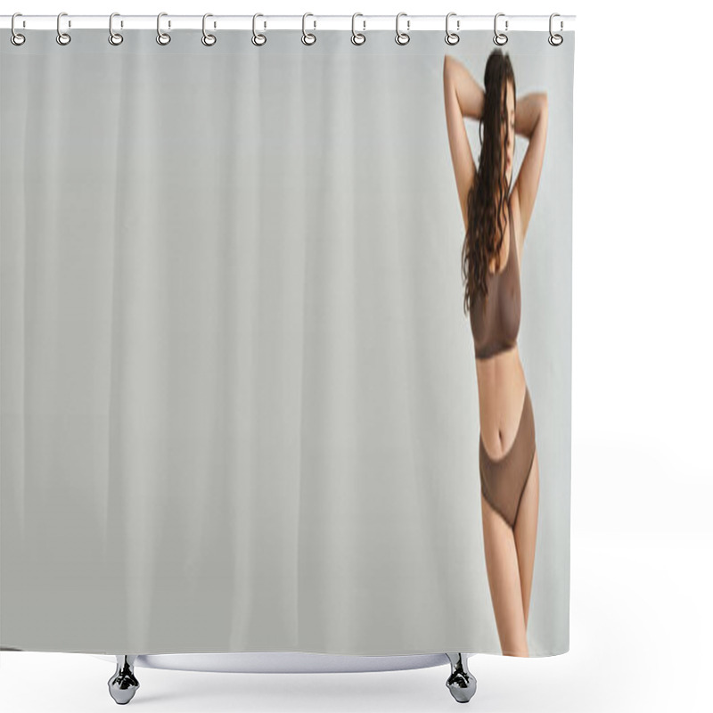 Personality  Banner Of Curvy Girl In Underwear Putting Hands On Head And Looking To Down In Grey Background Shower Curtains