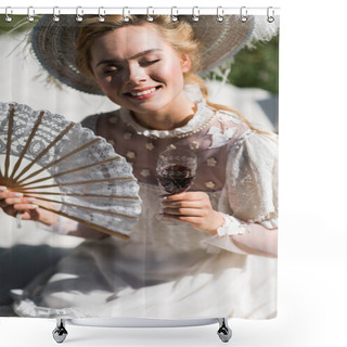 Personality  Happy Young Victorian Woman With Closed Eyes Holding Fan And Wine Glass  Shower Curtains