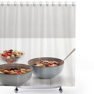 Personality  Bowls With Muesli, Dried Berries And Nuts Served For Breakfast Isolated On Grey Shower Curtains
