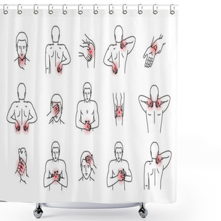 Personality  Pains In The Human Body. Ache In Head, Neck, Shoulder, Knee, Chest, Abdomen, Wrist, Back, Elbow. Arthritis And Rheumatism, Joint Pain Illustration. Vector Illustration Isolated On White Background Shower Curtains