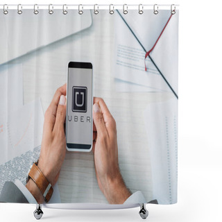 Personality  Top View Of Man Holding Smartphone With Uber Website Shower Curtains