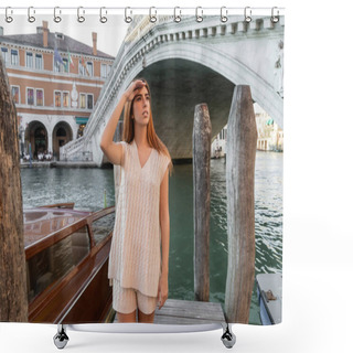 Personality  Young Woman Looking Away Near Rialto Bridge Over Venetian Grand Canal On Background Shower Curtains