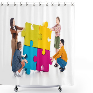 Personality  Happy Kids Playing With Jigsaw Puzzle Pieces On White  Shower Curtains