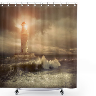 Personality  Lighthouse On The Sea Under Sky Shower Curtains