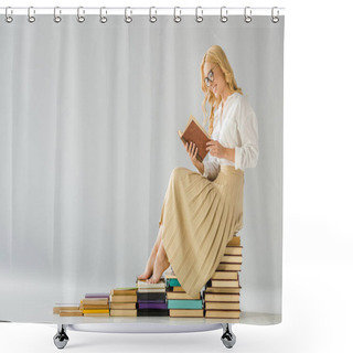 Personality  Attractive Smiling Barefoot Woman In Glasses Sitting On Steps Made Of Books   Shower Curtains