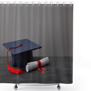 Personality  Diploma And Academic Cap With Red Tassel On Dark Surface On Grey Shower Curtains