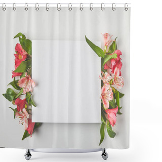 Personality  Top View Of Blank Card And Beautiful Pink Flowers On Grey Shower Curtains