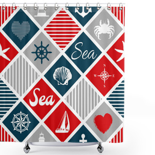 Personality  Nautical Themed Design With Seashell, Lighthouse, Anchor, Compass, Sailing Boat, Sailing Wheel, Sea Star, Stripes, Heart And Text Design Decoration In Red, Blue And Grey Rhombus Shapes Shower Curtains