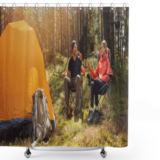 Personality  Forest Camping - Young Hiker Couple Enjoying Cup Of Tee At Campsite Shower Curtains
