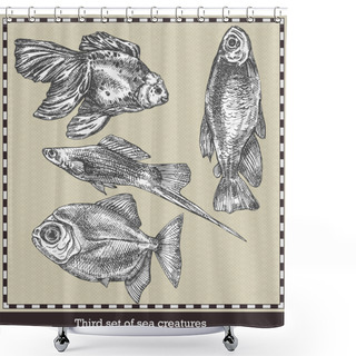 Personality  Set Of Sea Fishes. Retro Style Vector Illustration. Isolated On Grey Background Shower Curtains