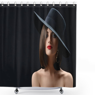 Personality  Attractive Woman Wearing A Hat Posing On Black Background Shower Curtains