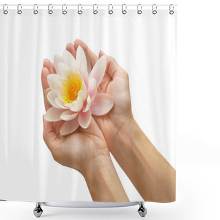 Personality  Water Lily In Woman Hands. Element Of Design. Shower Curtains
