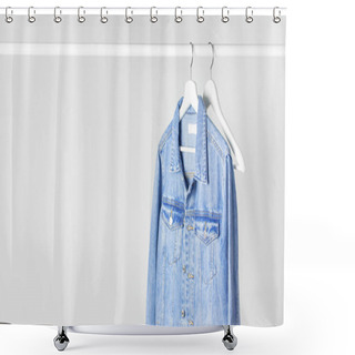 Personality  Blue Denim Jacket On White Wooden Coat Hanger On A Rod Against Light Gray Wall Flat Lay Copy Space. Denim, Fashionable Jacket, Women's Or Men's Trend Clothing, Fashion Background. Store Concept, Sale Shower Curtains