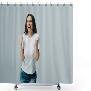 Personality  Excited Happy Beautiful Girl In White T-shirt Showing Yes Gesture Isolated On Grey Shower Curtains