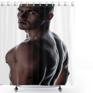 Personality  Sexy Muscular Bodybuilder With Bare Torso Posing In Shadow Isolated On White Shower Curtains