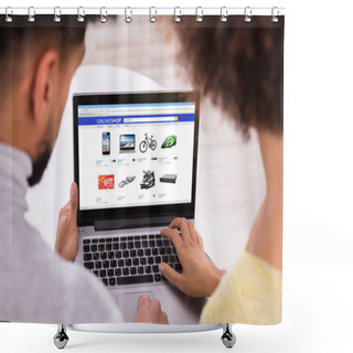 Personality  Close-up Of A Couple Using Laptop For Shopping Online Shower Curtains