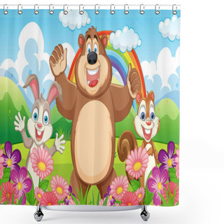 Personality  Cartoon Bear And Squirrels With Rainbow In Meadow Shower Curtains