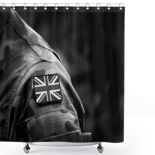 Personality  Flag Of United Kingdom On Military Uniform. UK Army. British Armed Forces. Remembrance Day. Poppy Day. Empty Space For Text. Collage Shower Curtains