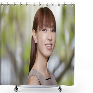 Personality  Woman Smiling At The Camera Shower Curtains