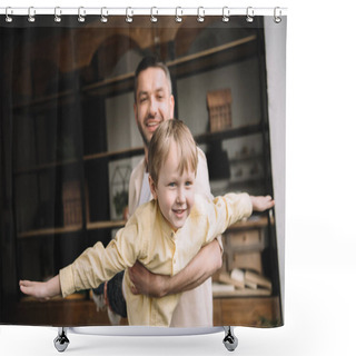 Personality  Happy Daddy Having Fun With Adorable Smiling Son At Home Shower Curtains