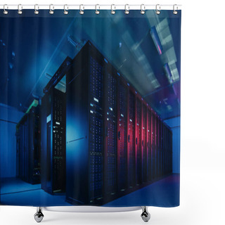 Personality  Shot Of Data Center With Multiple Rows Of Fully Operational Server Racks. Modern Telecommunications, Cloud Computing, Artificial Intelligence, Database, Supercomputer Technology Concept. Shot In Dark With Neon Blue, Pink Lights. Shower Curtains