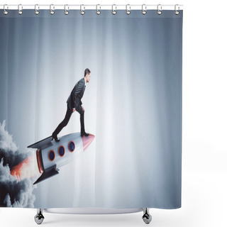 Personality  Businessman On Creative Launching Rocket. Startup And Career Concept. 3D Rendering  Shower Curtains