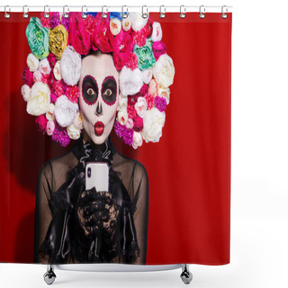 Personality  Photo Dead Bride Demon Lady Send Kiss Folklore Religion Face Paint Telephone, Blogging Death Day Theme Mexican Culture Floral Headband Black Costume Isolated Red Color Background. Shower Curtains