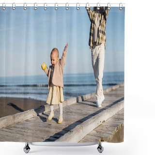 Personality  Toddler Girl Holding Apple While Walking On Pier Near Father In Italy  Shower Curtains