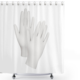 Personality  Medical Gloves.Two White Surgical Gloves Isolated On White Background With Hands. Rubber Glove Manufacturing, Human Hand Is Wearing A Latex Glove. Doctor Or Nurse Putting On Protective Gloves Shower Curtains
