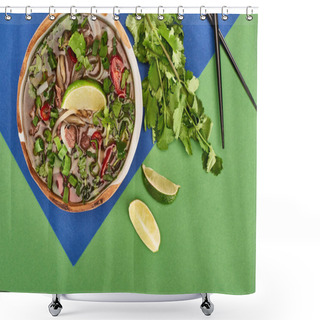 Personality  Top View Of Pho In Bowl Near Chopsticks, Lime, Coriander On Blue And Green Background Shower Curtains