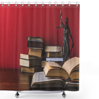 Personality  Opened Juridical Books With Lady Justice Statue On Wooden Table, Law Concept Shower Curtains