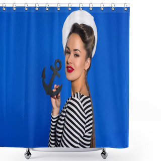 Personality  Portrait Of Fashionable Young Woman In Retro Clothing With Anchor In Hand Isolated On Blue Shower Curtains