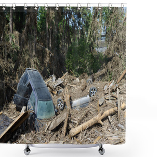 Personality  Cars Lay In  Debris After  Flood Disaster Shower Curtains