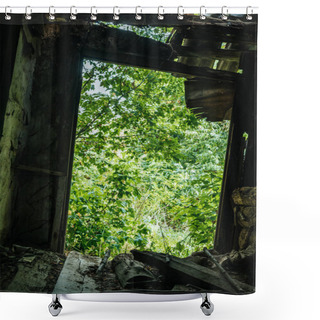 Personality  Low Angle View Of Abandoned Building With Broken Roof And Green Trees In Hole Shower Curtains