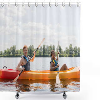 Personality  Pretty African American Woman And Young Redhead Man In Life Vests Smiling At Camera While Spending Summer Weekend On River And Sailing In Kayak With Paddles Under Blue Cloudy Sky Shower Curtains